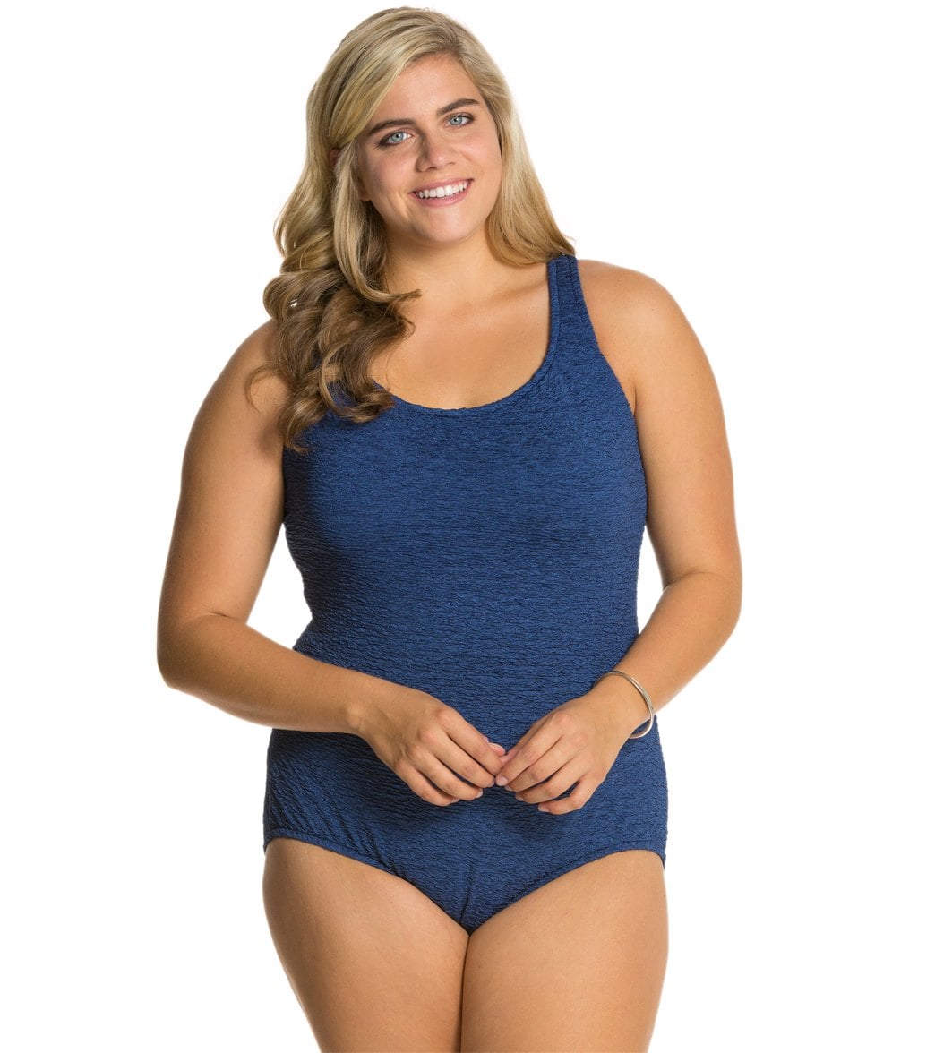 Women's Krinkle By Penbrooke Plus Size Chlorine Resistant One Piece Cross Back Swimsuit