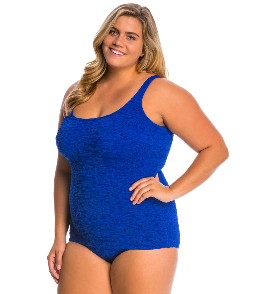 Women's Krinkle By Penbrooke Plus Size Chlorine Resistant One Piece Scoop Neck Sheath Swimsuit