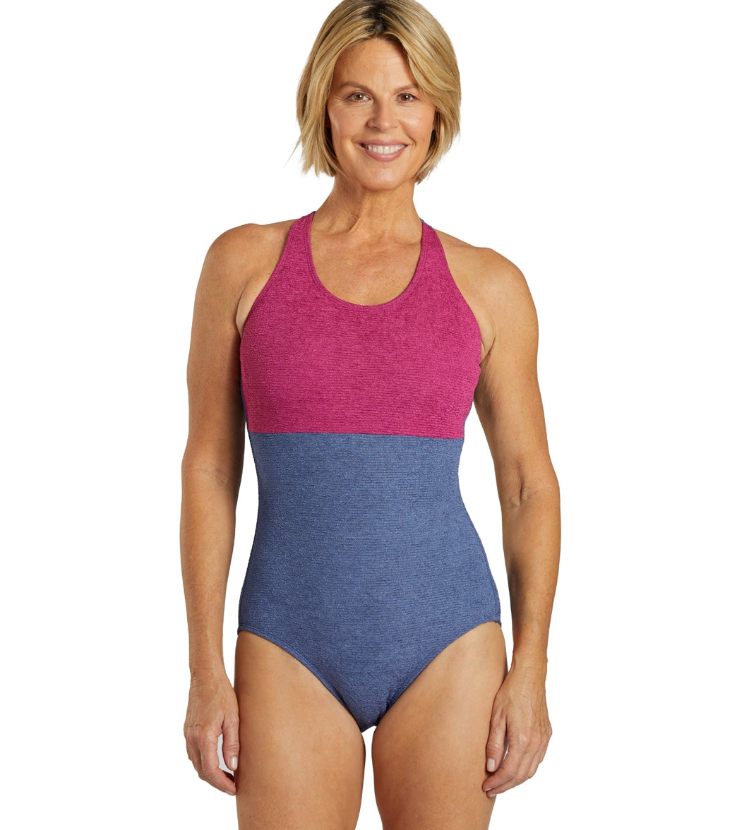 Sporti Textured Chlorine Resistant High Neck Colorblock One Piece Slimsuit