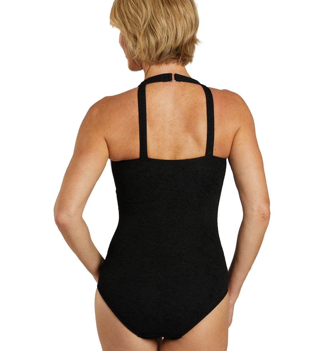 Sporti Textured Chlorine Resistant High Neck Colorblock One Piece Slimsuit
