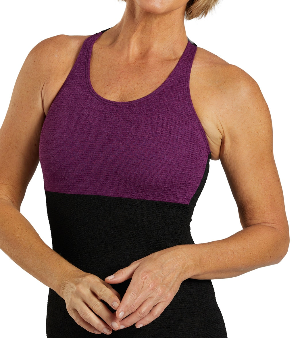 Sporti Textured Chlorine Resistant High Neck Colorblock One Piece Slimsuit