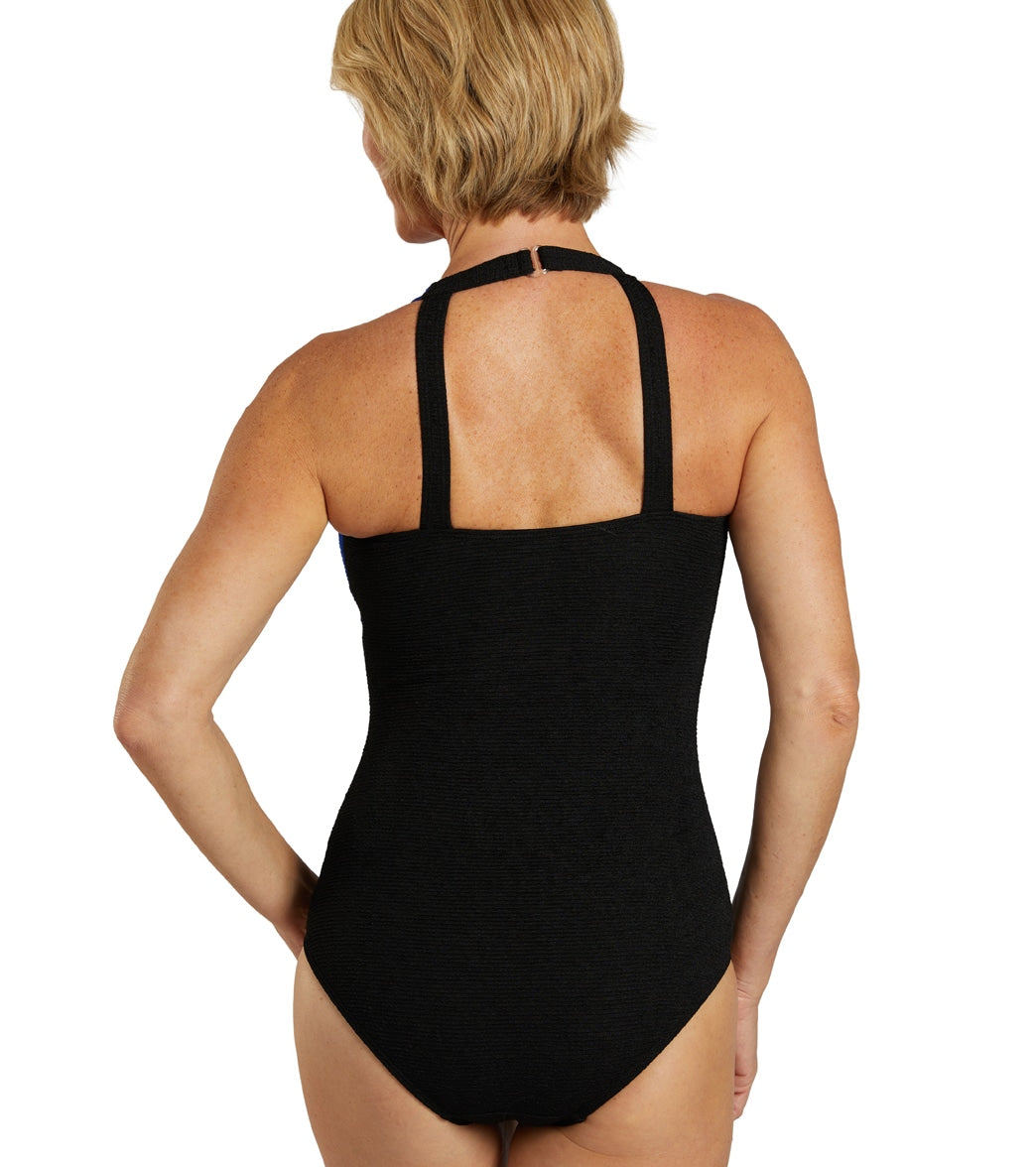 Sporti Textured Chlorine Resistant High Neck Colorblock One Piece Slimsuit
