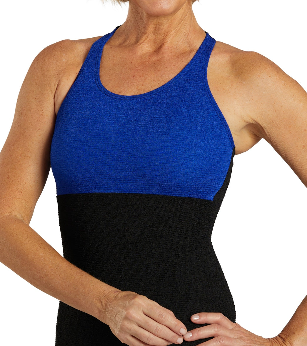 Sporti Textured Chlorine Resistant High Neck Colorblock One Piece Slimsuit