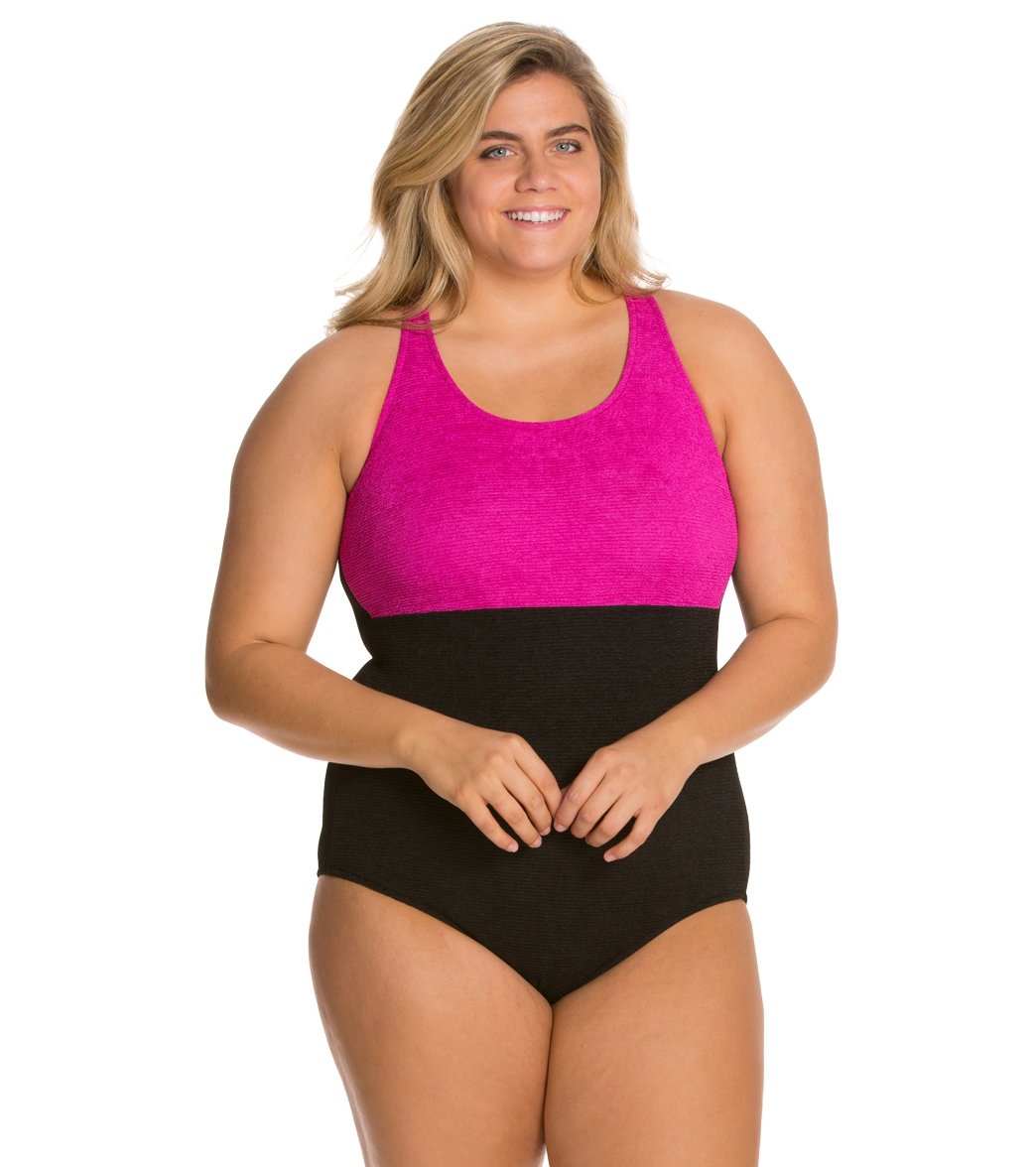 Sporti Textured Chlorine Resistant High Neck Colorblock One Piece Slimsuit