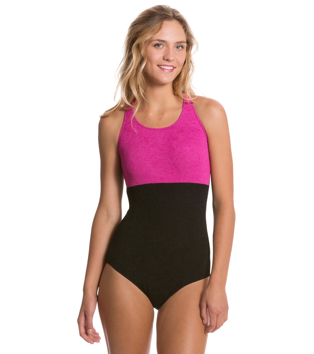 Sporti Textured Chlorine Resistant High Neck Colorblock One Piece Slimsuit