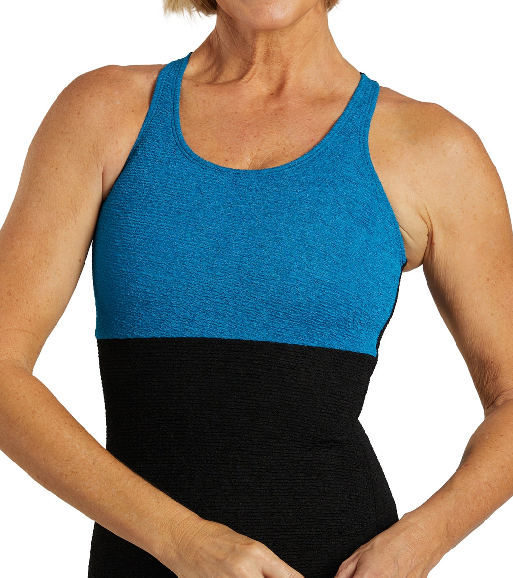 Sporti Textured Chlorine Resistant High Neck Colorblock One Piece Slimsuit