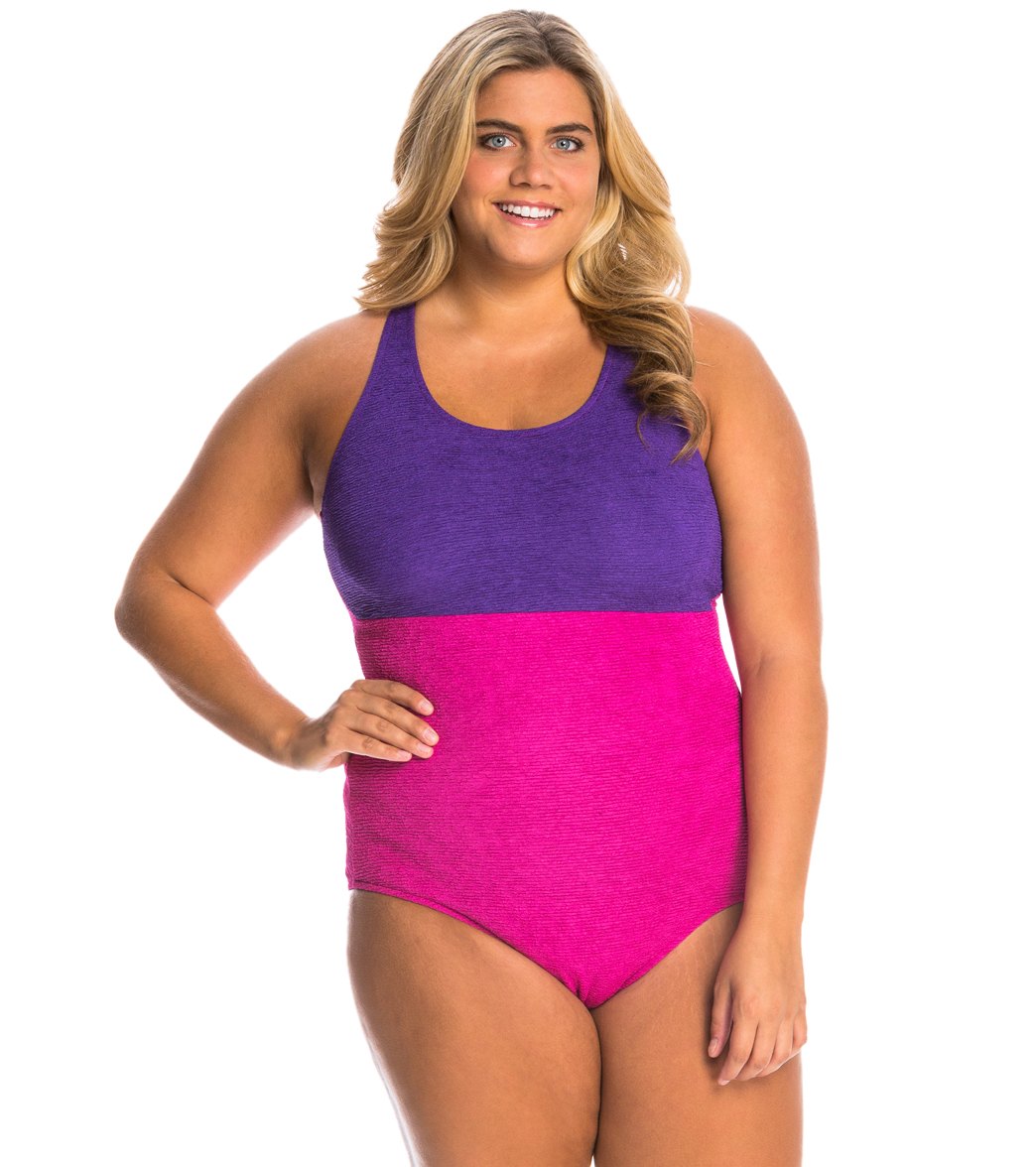 Sporti Textured Chlorine Resistant High Neck Colorblock One Piece Slimsuit