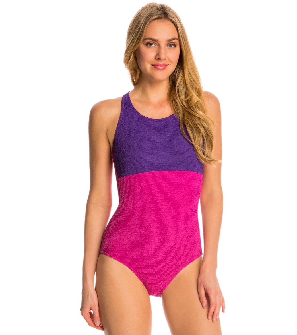 Sporti Textured Chlorine Resistant High Neck Colorblock One Piece Slimsuit