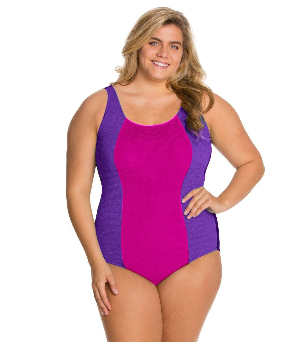 Sporti Textured Chlorine Resistant Scoop Back Colorblock One Piece Slimsuit
