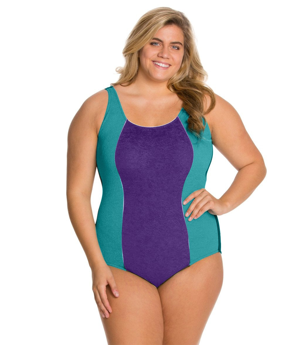 Sporti Textured Chlorine Resistant Scoop Back Colorblock One Piece Slimsuit