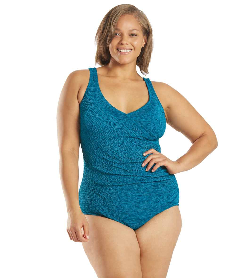 Krinkle By Penbrooke Plus Size Chlorine Resistant Mock Surplice One Piece Swimsuit