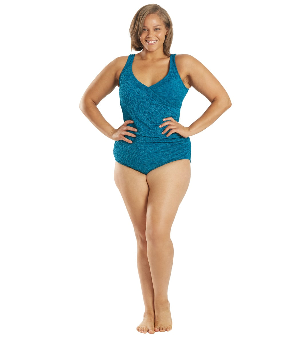 Krinkle By Penbrooke Plus Size Chlorine Resistant Mock Surplice One Piece Swimsuit