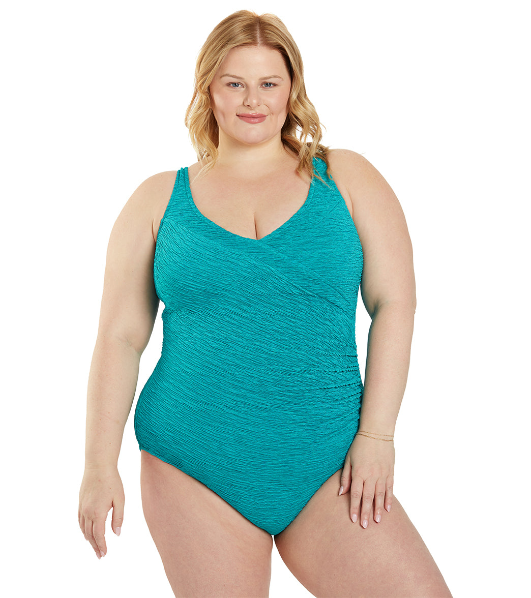 Krinkle By Penbrooke Plus Size Chlorine Resistant Mock Surplice One Piece Swimsuit