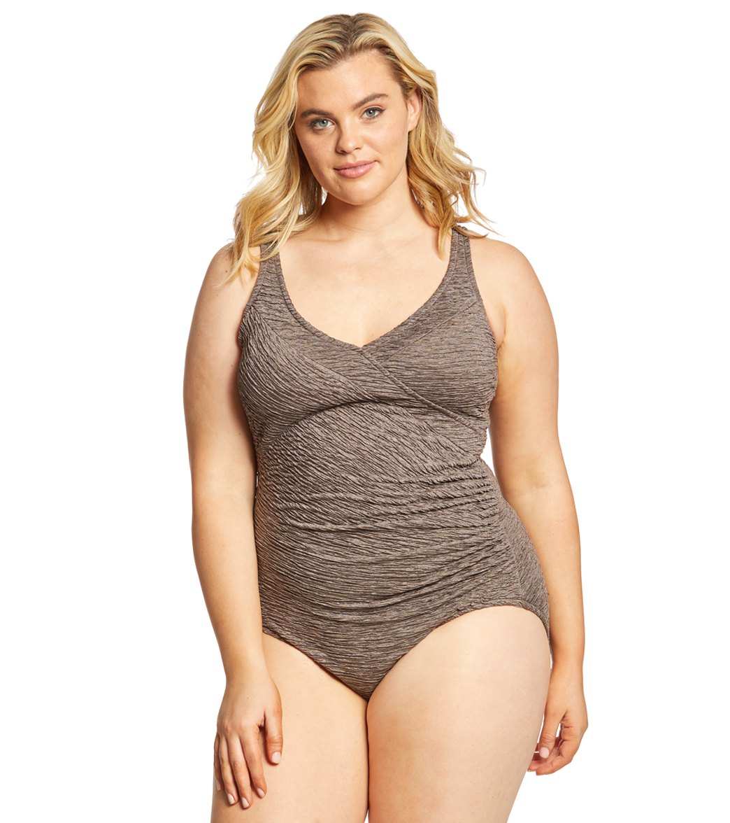 Krinkle By Penbrooke Plus Size Chlorine Resistant Mock Surplice One Piece Swimsuit