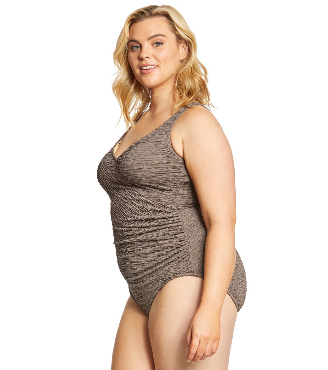 Krinkle By Penbrooke Plus Size Chlorine Resistant Mock Surplice One Piece Swimsuit