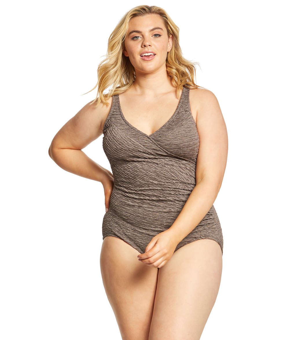 Krinkle By Penbrooke Plus Size Chlorine Resistant Mock Surplice One Piece Swimsuit