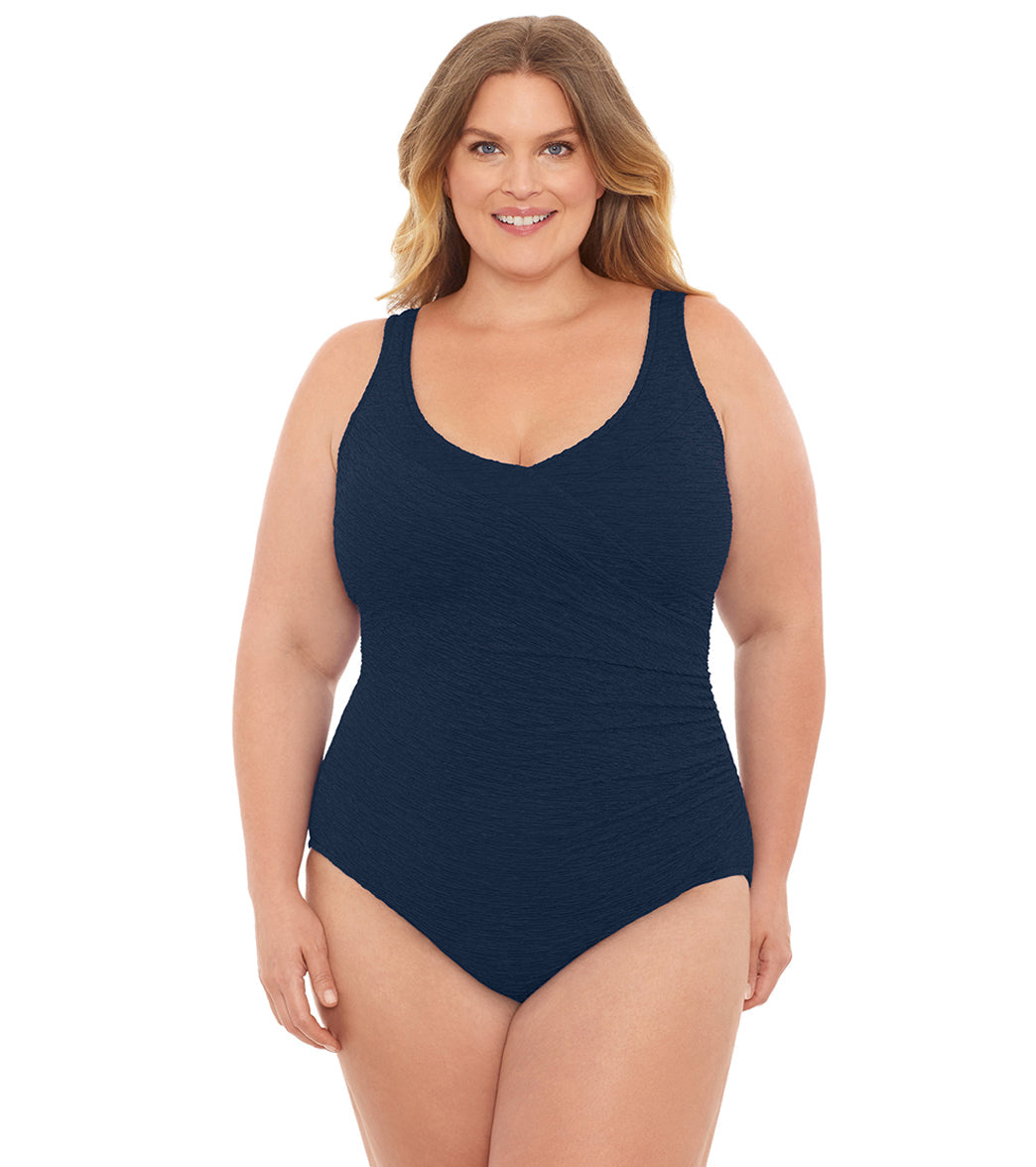 Krinkle By Penbrooke Plus Size Chlorine Resistant Mock Surplice One Piece Swimsuit