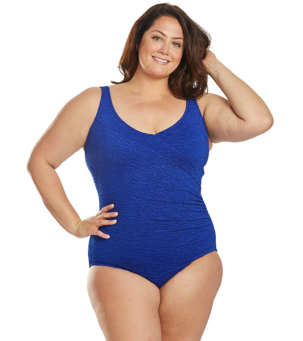 Krinkle By Penbrooke Plus Size Chlorine Resistant Mock Surplice One Piece Swimsuit