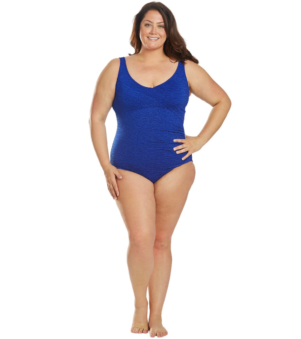 Krinkle By Penbrooke Plus Size Chlorine Resistant Mock Surplice One Piece Swimsuit