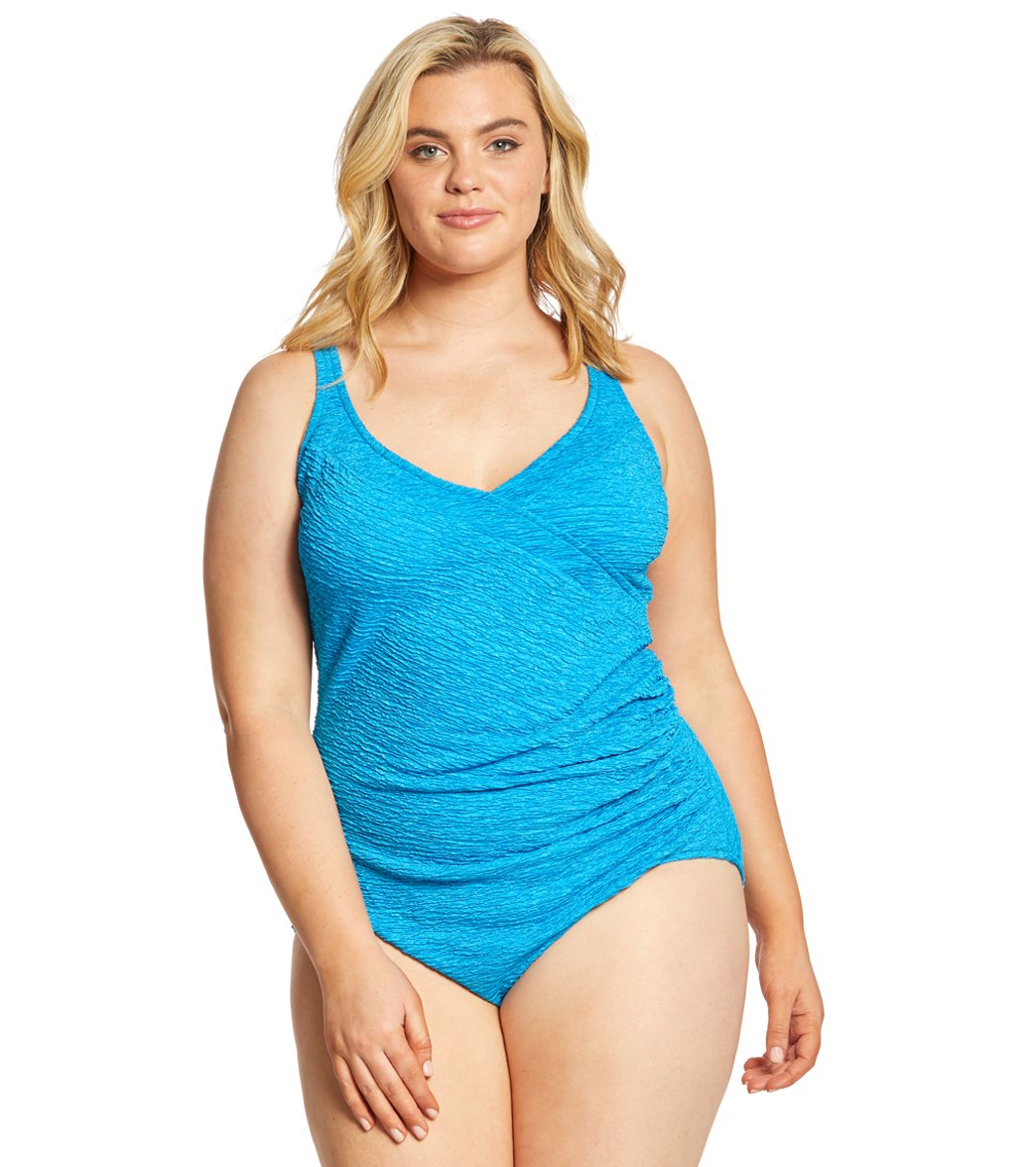 Krinkle By Penbrooke Plus Size Chlorine Resistant Mock Surplice One Piece Swimsuit