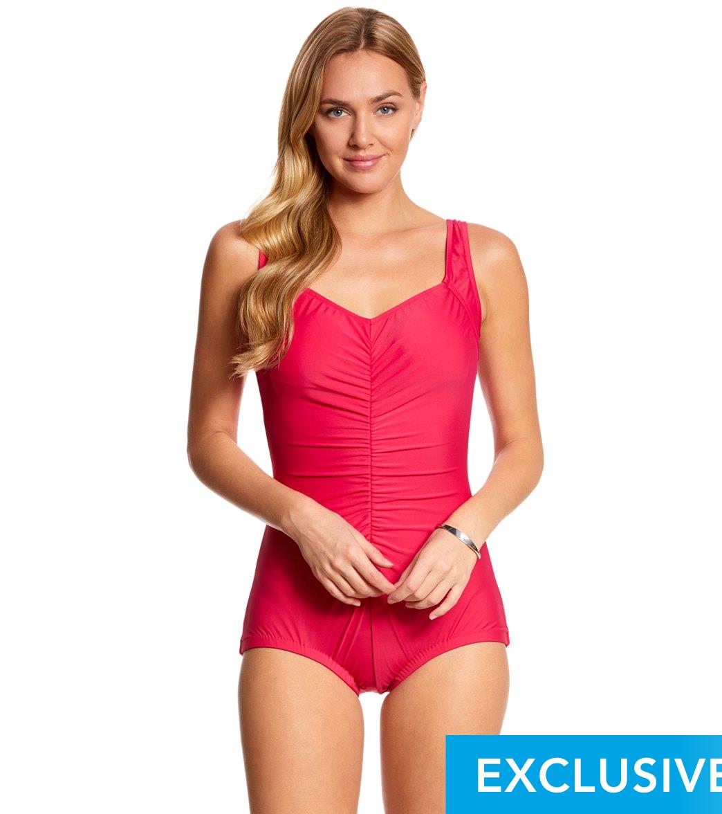 Maxine Solid Tricot Shirred Girl Leg One Piece Swimsuit