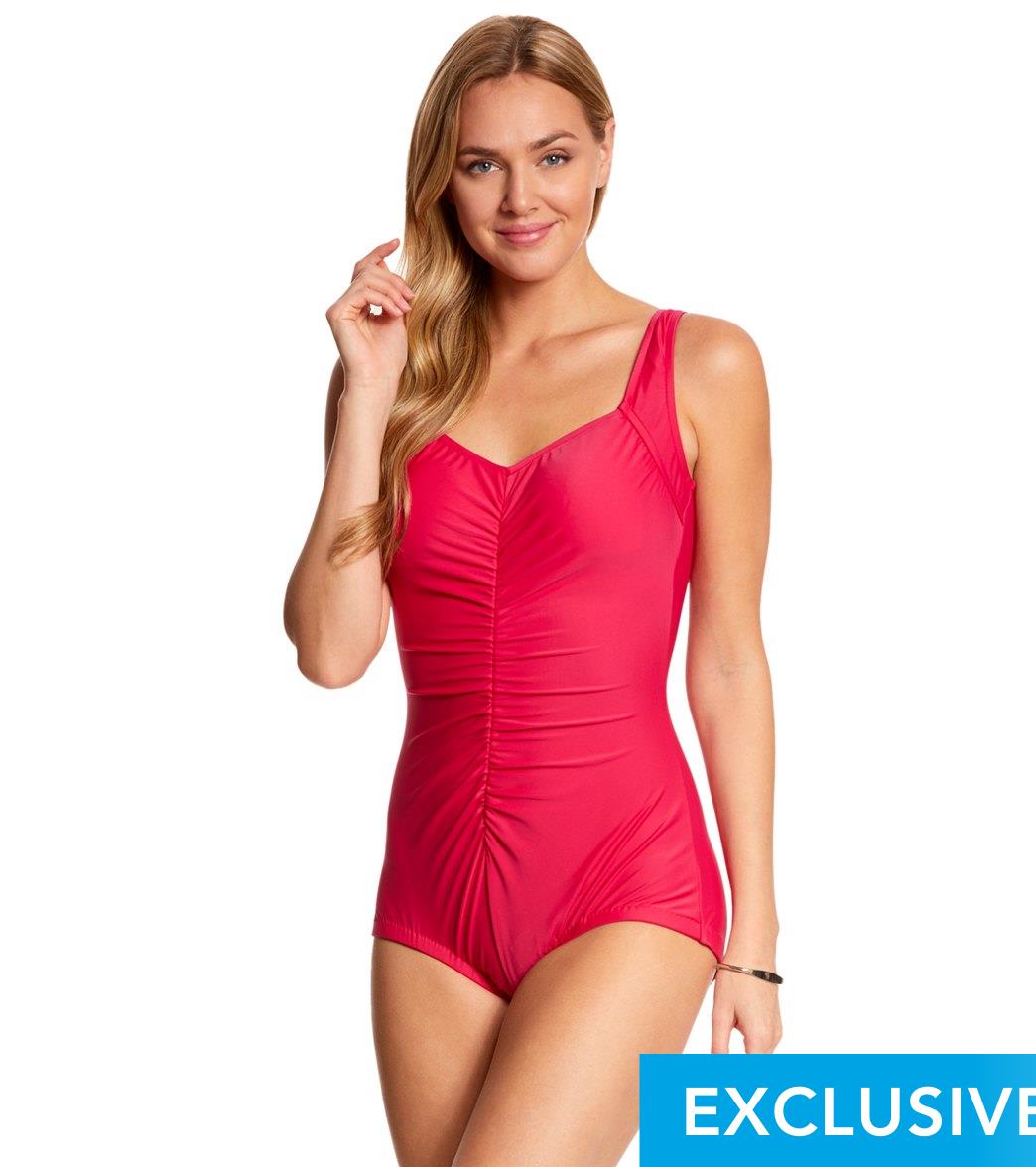 Maxine Solid Tricot Shirred Girl Leg One Piece Swimsuit