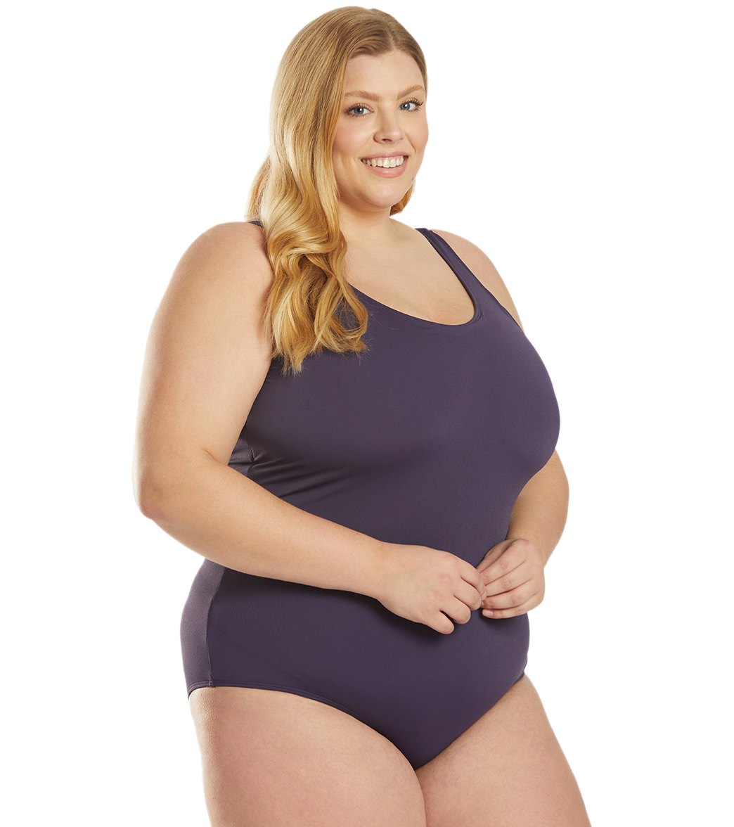 Sporti Plus Size HydroLast Chlorine Resistant Conservative Scoop Back One Piece Swimsuit