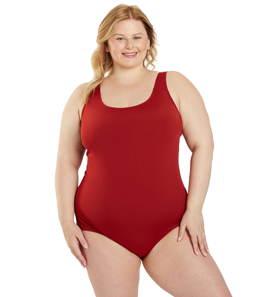 Sporti Plus Size HydroLast Chlorine Resistant Conservative Scoop Back One Piece Swimsuit