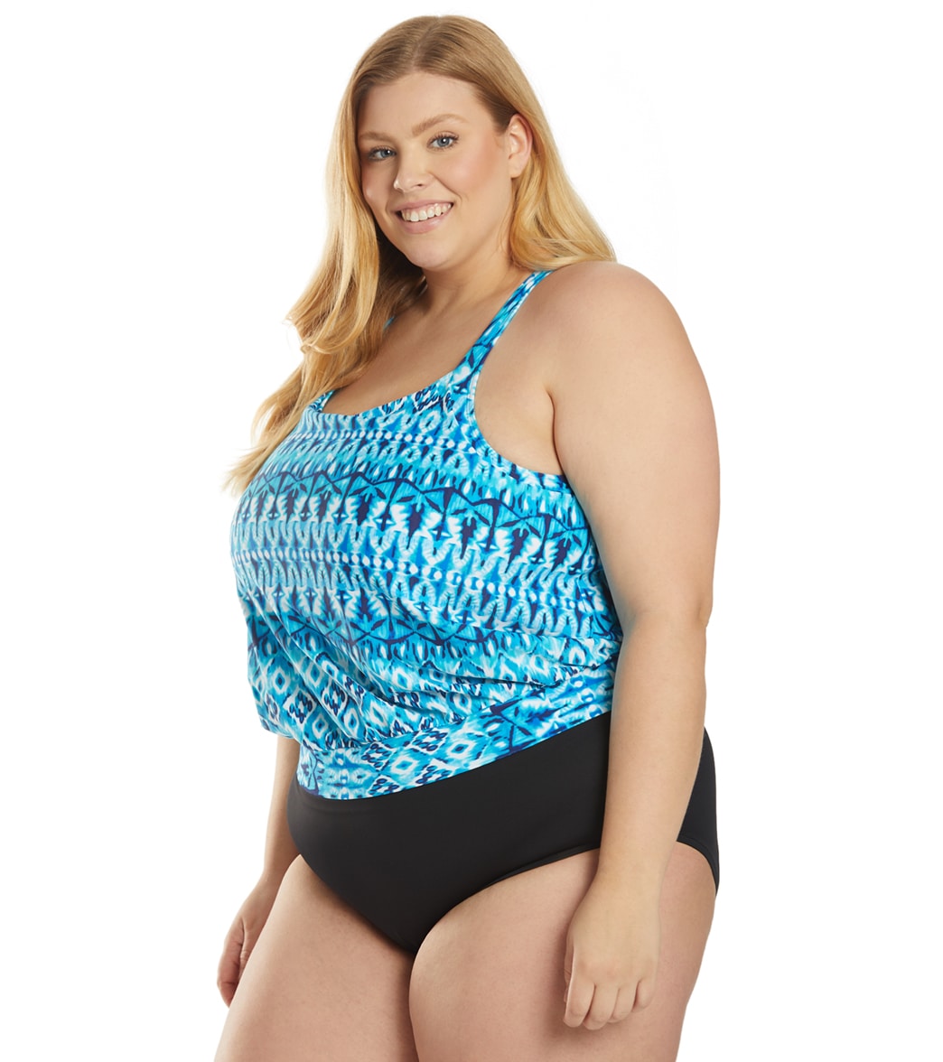 Sporti Plus Size Valentina Ikat Blouson Tankini Top