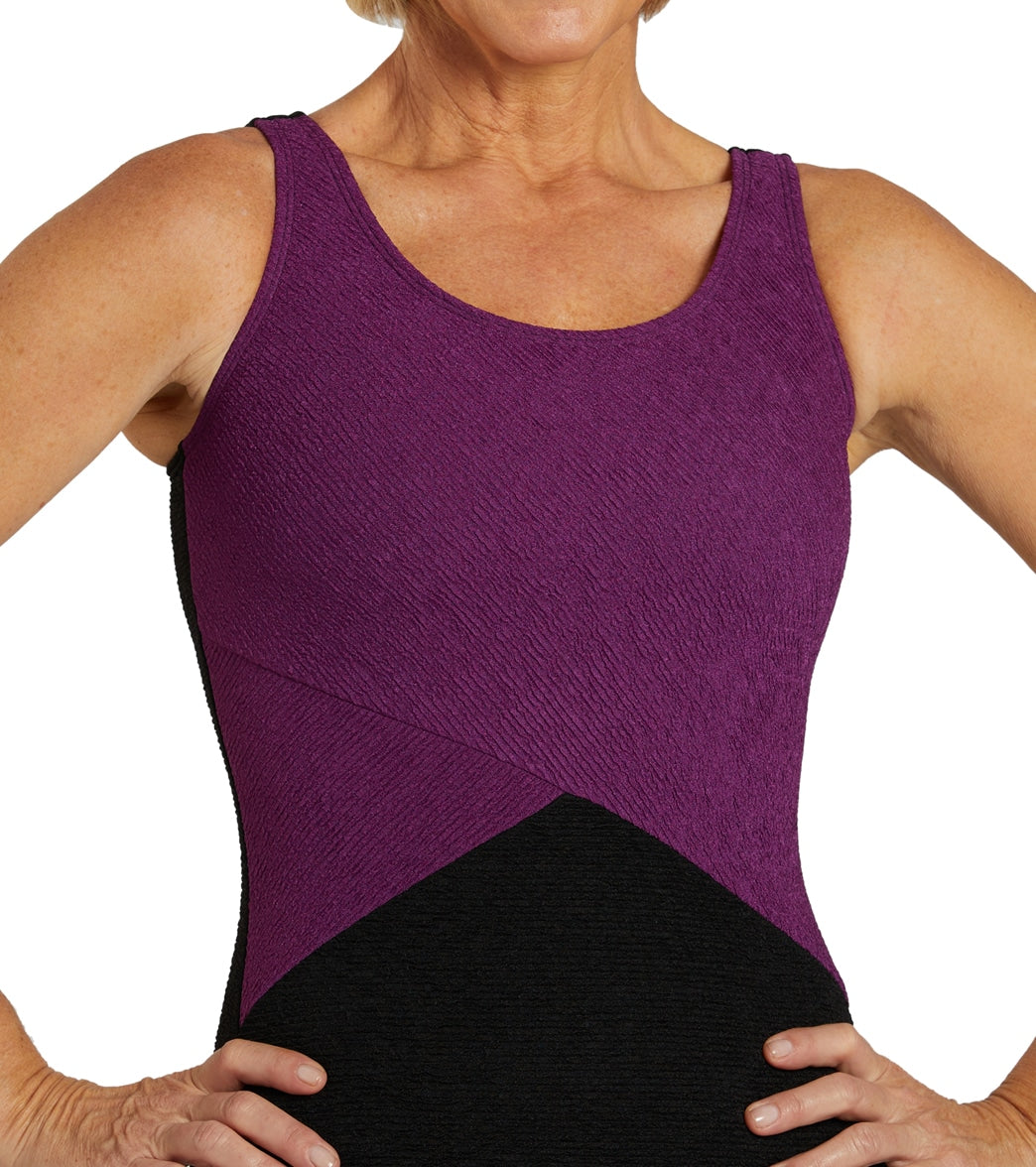 Sporti Textured Chlorine Resistance Asymmetric Colorblock One Piece Slimsuit