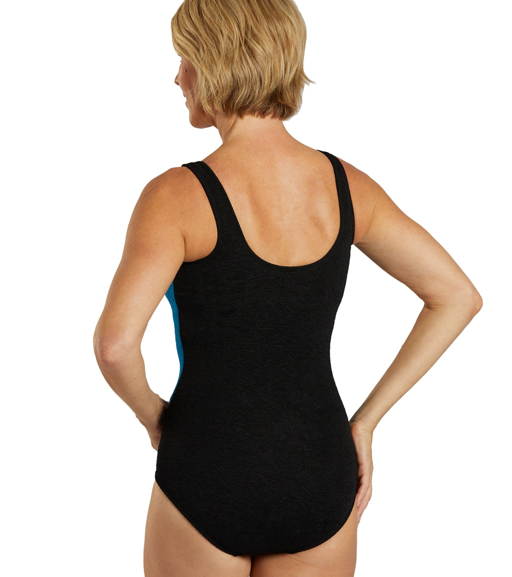 Sporti Textured Chlorine Resistance Asymmetric Colorblock One Piece Slimsuit