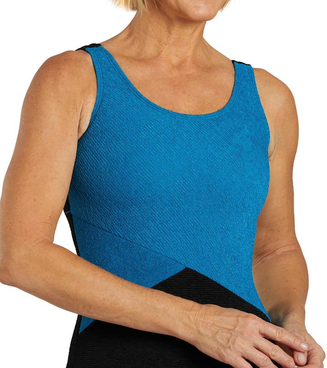 Sporti Textured Chlorine Resistance Asymmetric Colorblock One Piece Slimsuit