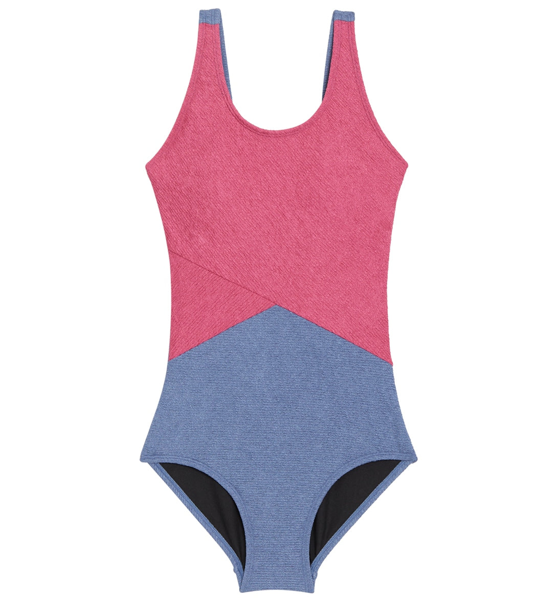 Sporti Textured Chlorine Resistance Asymmetric Colorblock One Piece Slimsuit