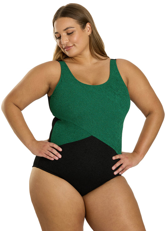 Sporti Plus Size Textured Chlorine Resistance Asymmetric Colorblock One Piece Slimsuit