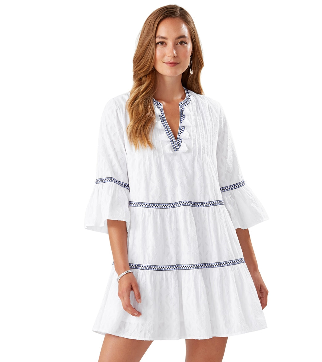Tommy Bahama Women's Cotton Clip Jacquard Embroidered Tier Cover up Dress