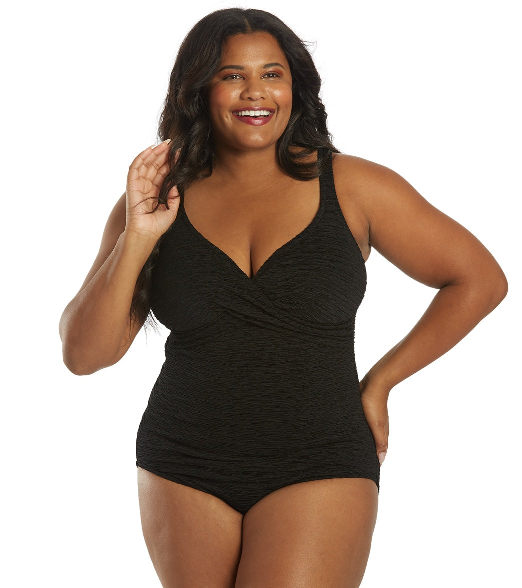 Penbrooke Krinkle Women's Plus Size Chlorine Resistant Long Torso One Piece Swimsuit