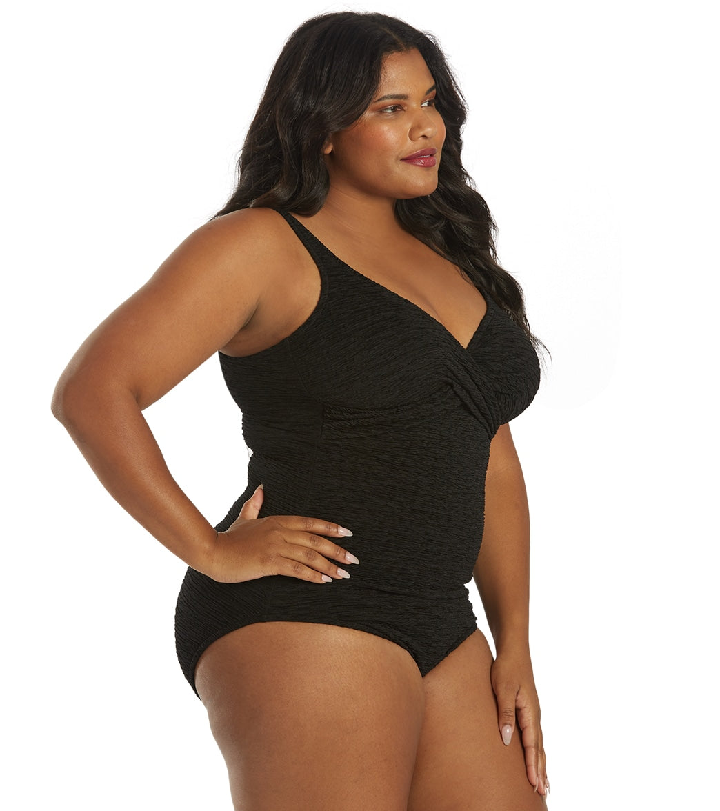 Penbrooke Krinkle Women's Plus Size Chlorine Resistant Long Torso One Piece Swimsuit