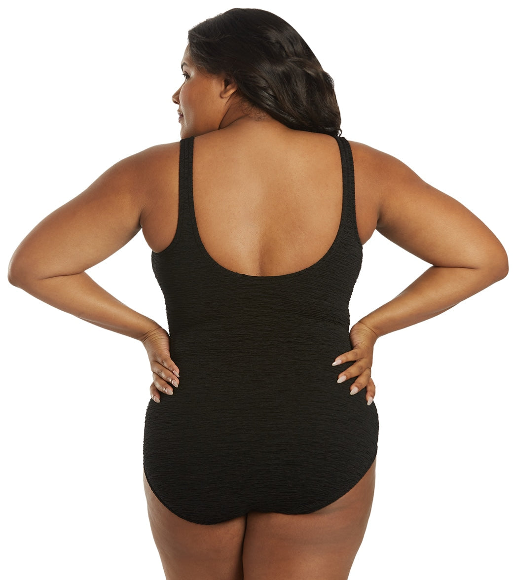 Penbrooke Krinkle Women's Plus Size Chlorine Resistant Long Torso One Piece Swimsuit