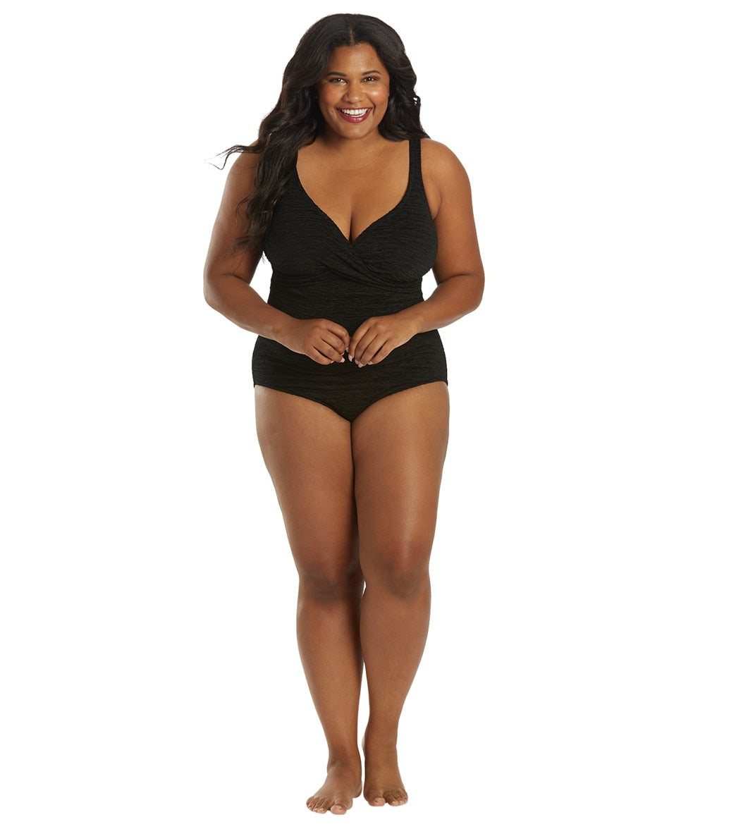 Penbrooke Krinkle Women's Plus Size Chlorine Resistant Long Torso One Piece Swimsuit