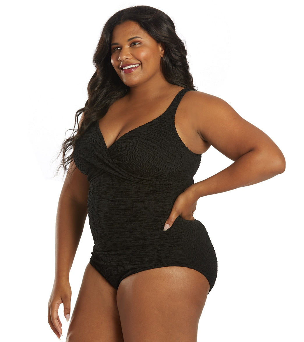 Penbrooke Krinkle Women's Plus Size Chlorine Resistant Long Torso One Piece Swimsuit