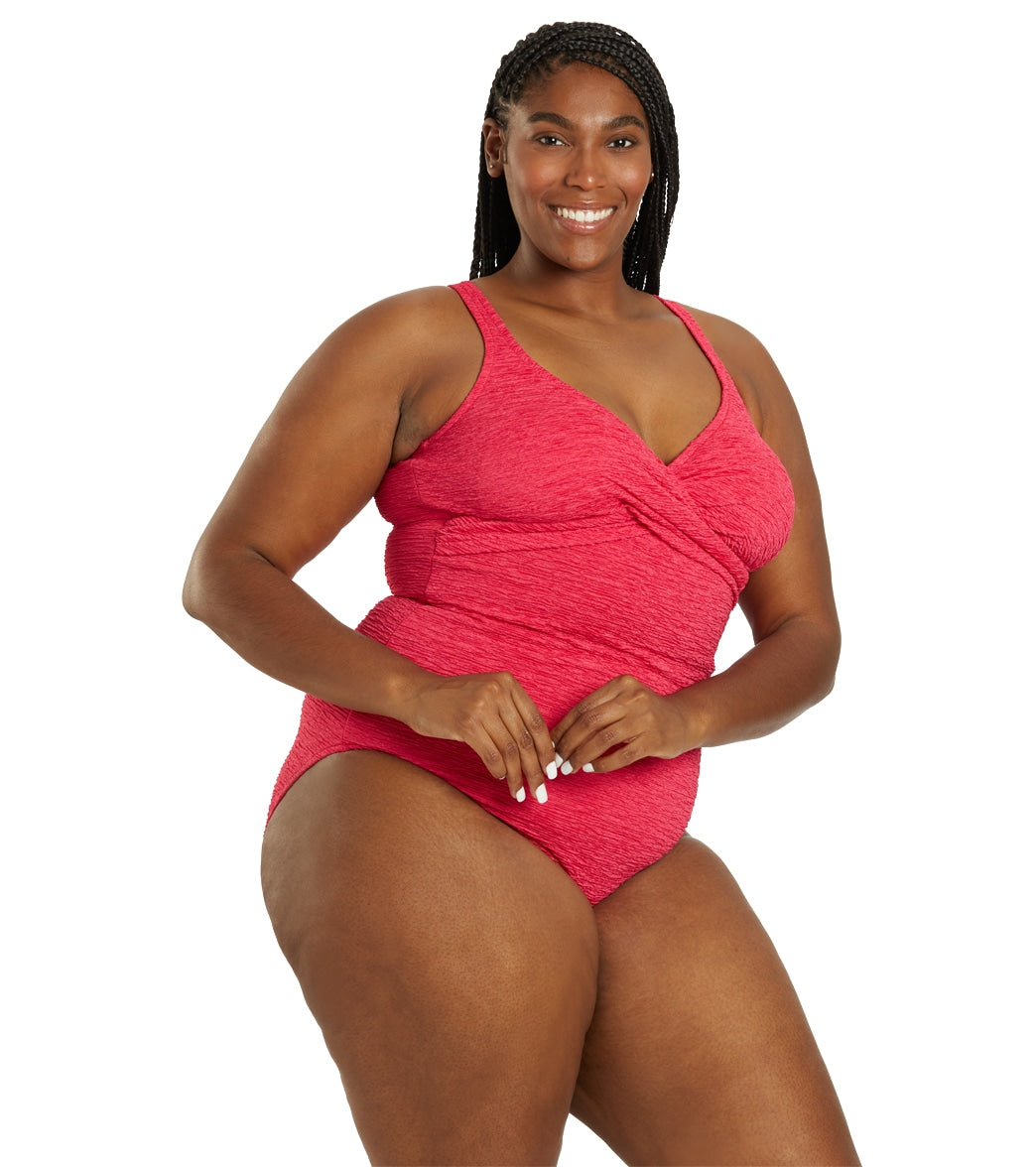 Penbrooke Krinkle Women's Plus Size Chlorine Resistant Long Torso One Piece Swimsuit