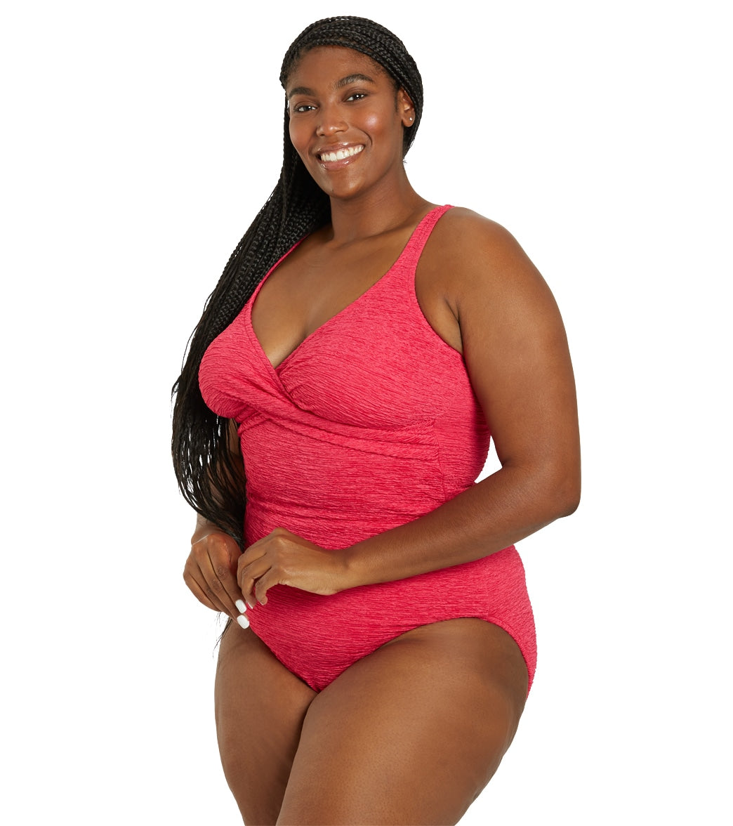 Penbrooke Krinkle Women's Plus Size Chlorine Resistant Long Torso One Piece Swimsuit