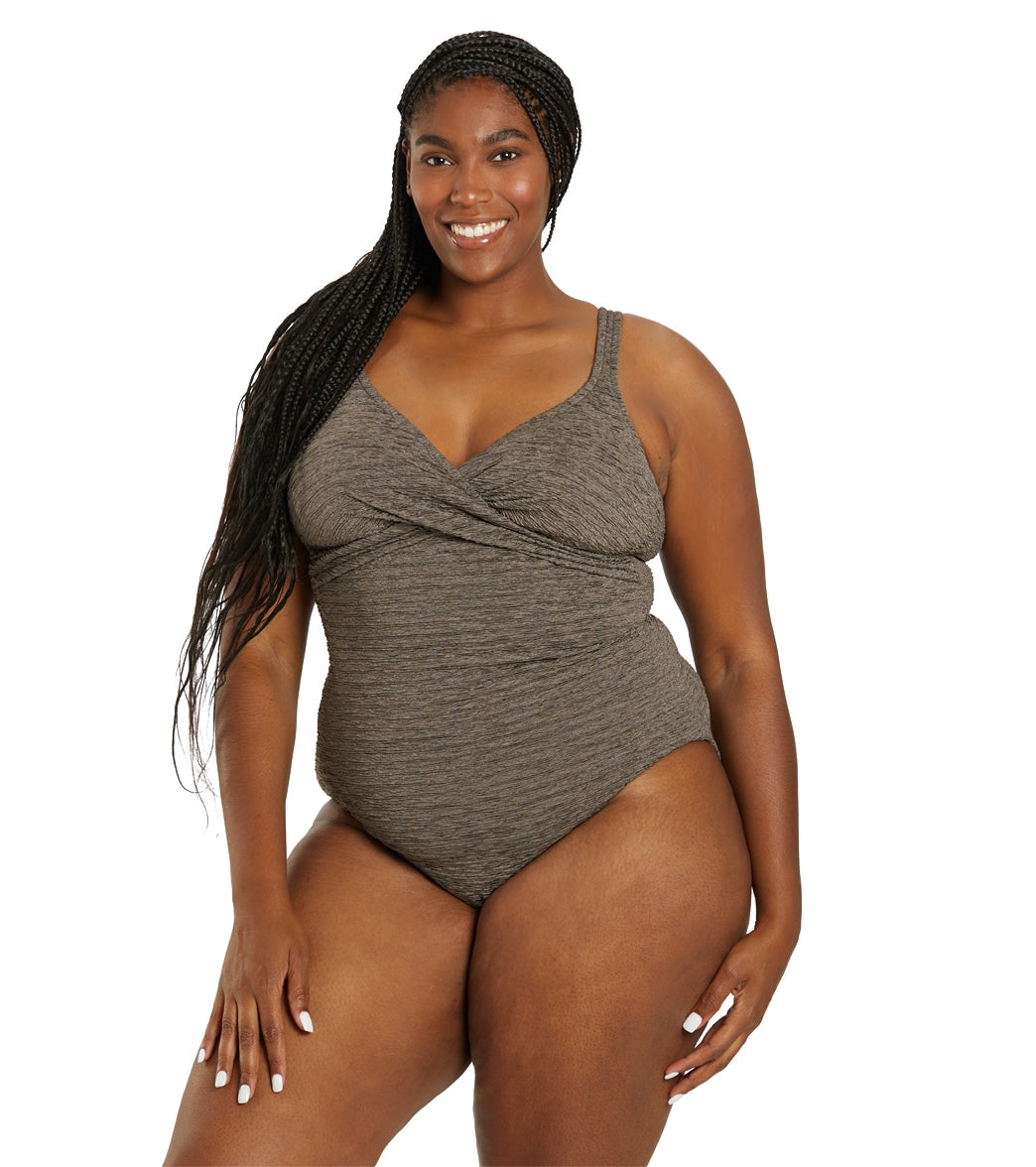 Penbrooke Krinkle Women's Plus Size Chlorine Resistant Long Torso One Piece Swimsuit