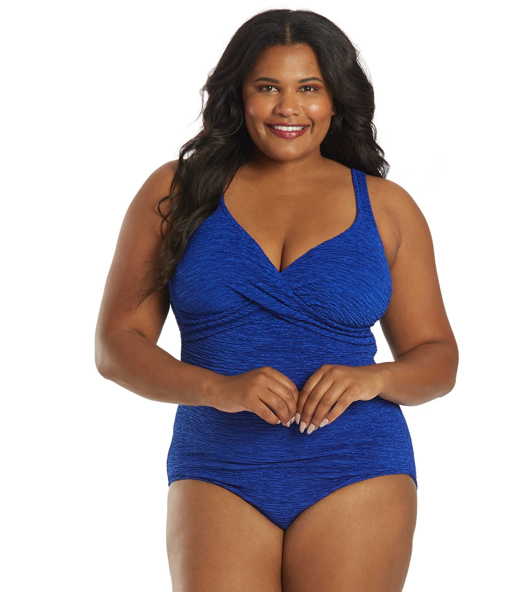 Penbrooke Krinkle Women's Plus Size Chlorine Resistant Long Torso One Piece Swimsuit