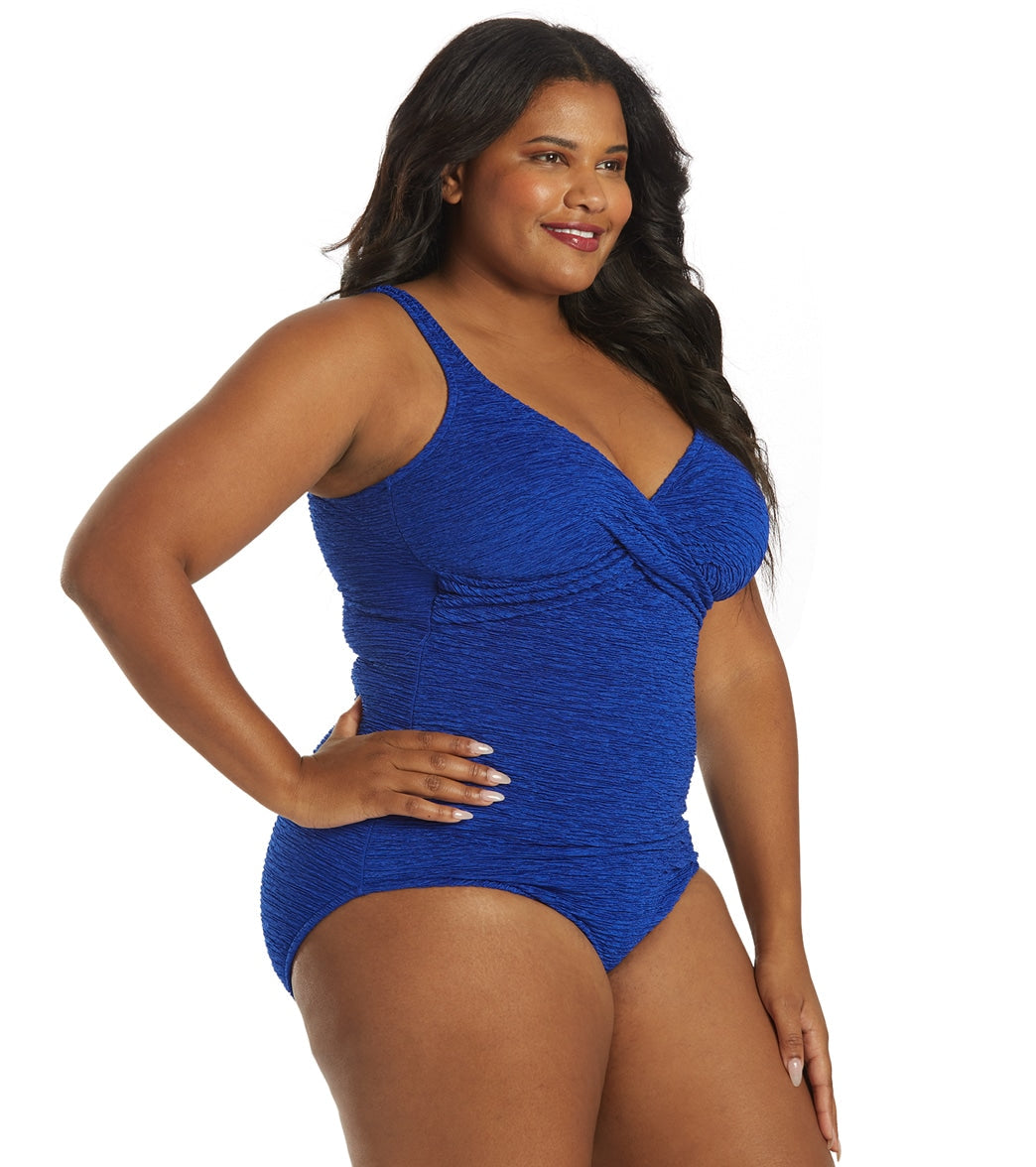 Penbrooke Krinkle Women's Plus Size Chlorine Resistant Long Torso One Piece Swimsuit
