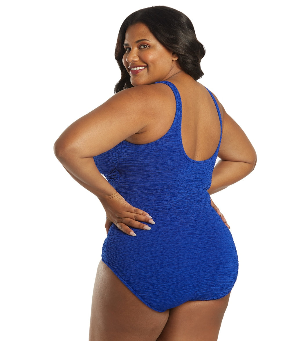 Penbrooke Krinkle Women's Plus Size Chlorine Resistant Long Torso One Piece Swimsuit