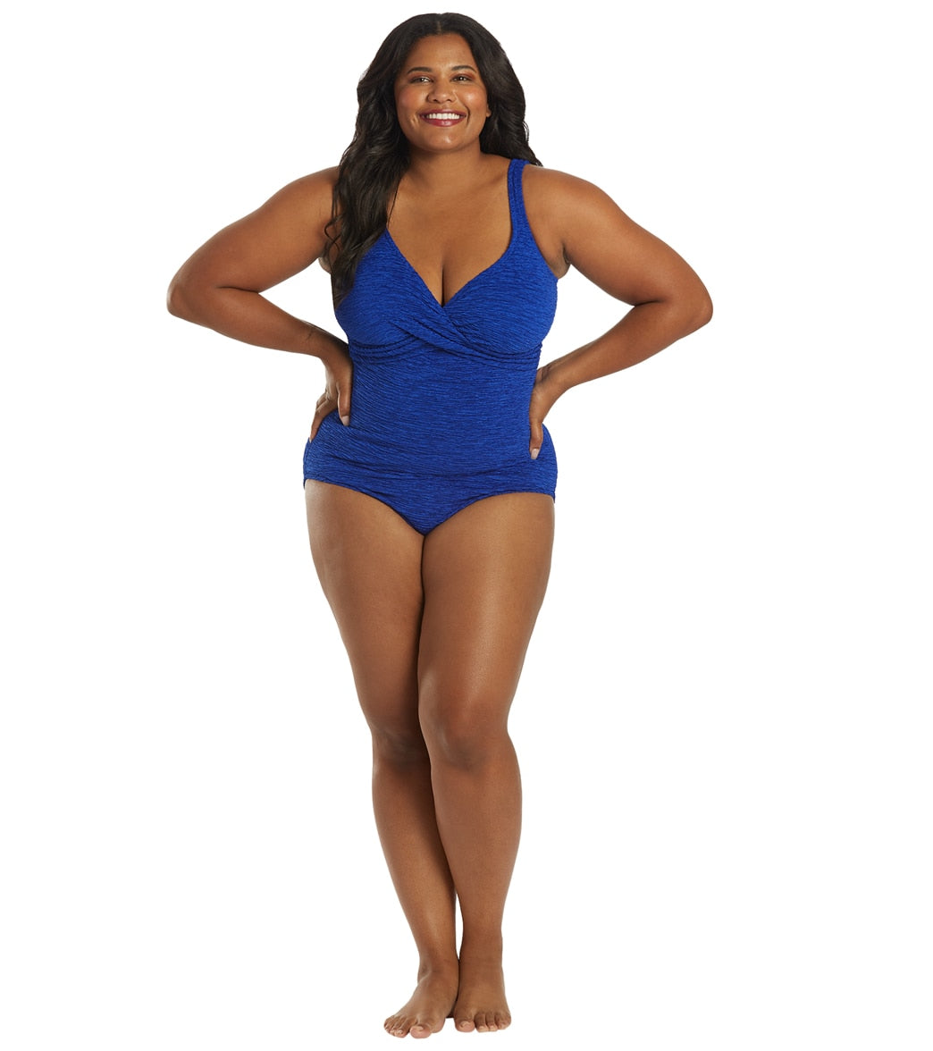 Penbrooke Krinkle Women's Plus Size Chlorine Resistant Long Torso One Piece Swimsuit