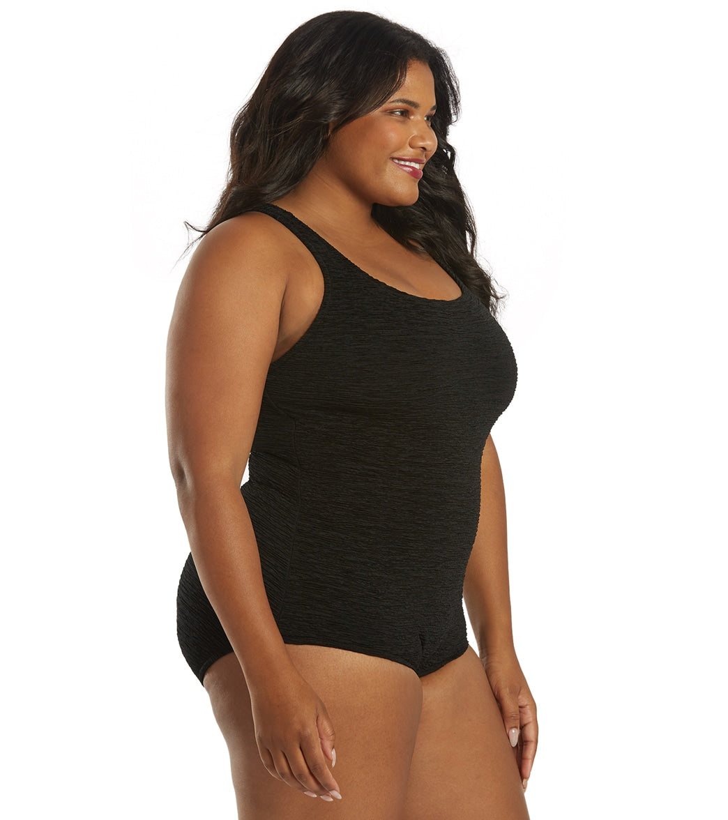 Penbrooke Krinkle Women's Plus Size Chlorine Resistant Long Torso One Piece Swimsuit