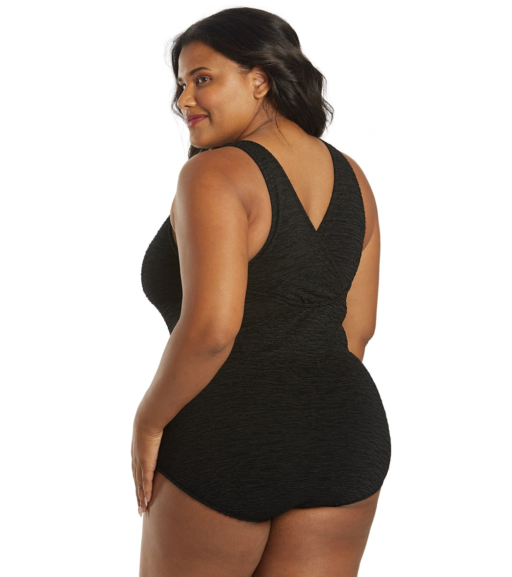 Penbrooke Krinkle Women's Plus Size Chlorine Resistant Long Torso One Piece Swimsuit