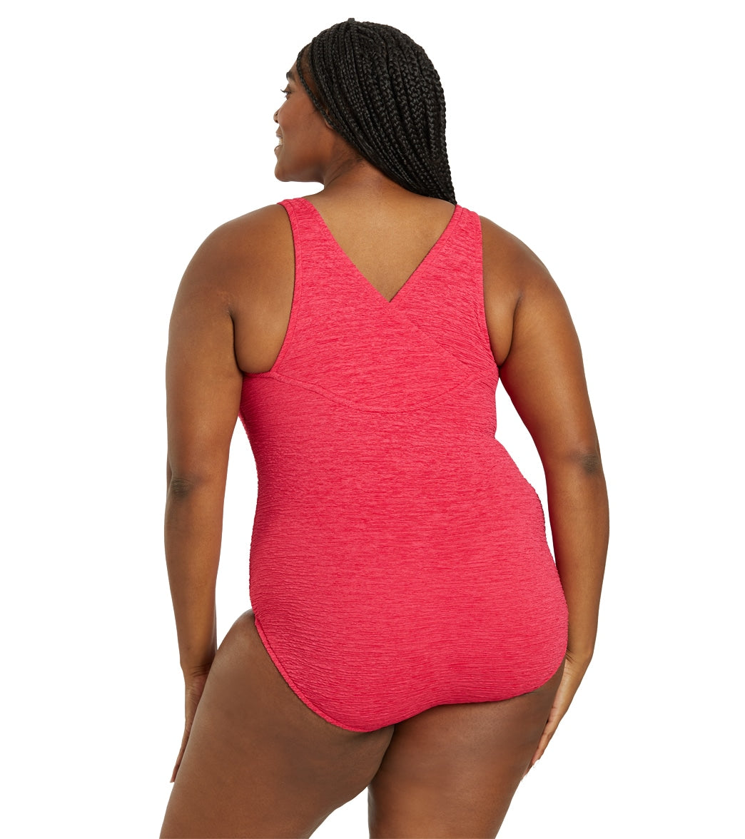Penbrooke Krinkle Women's Plus Size Chlorine Resistant Long Torso One Piece Swimsuit